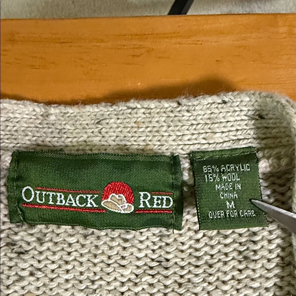 Outback Red Beige Button-Up Cardigan Crochet Open Knit Vintage 80’s Cozy Cabin